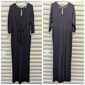 Plus Size Navy Blue Ribbed Textured Wide Leg Jumpsuit Knot Underbust NWT (E12)